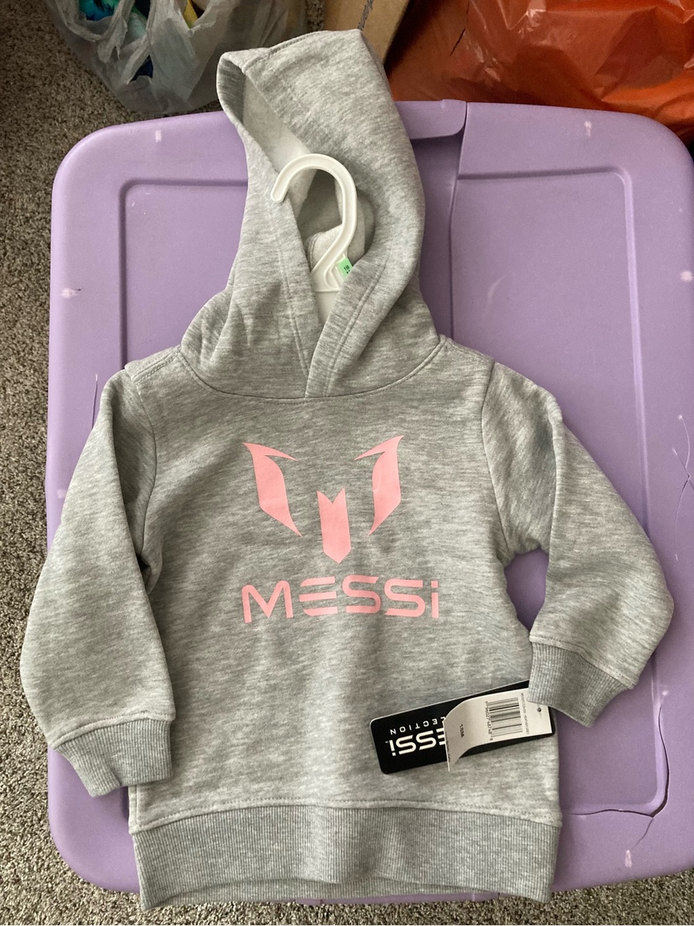 Gray Messi hoodie with pink logo, size 18 months